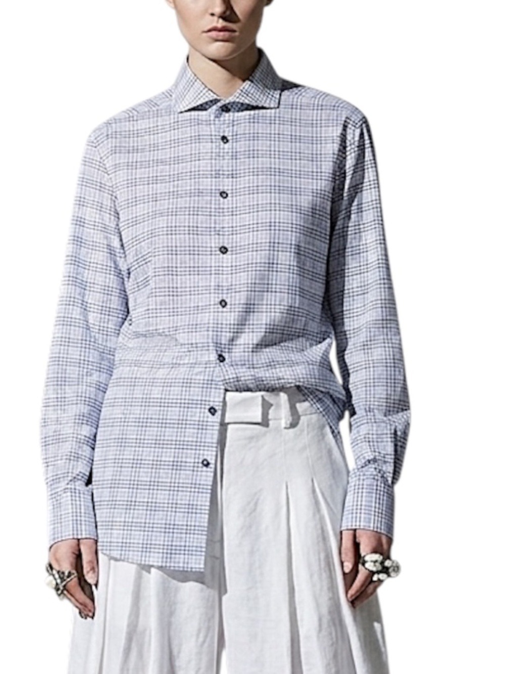 Scandinavian minimalist oversize blue white check button down long sleeve shirt